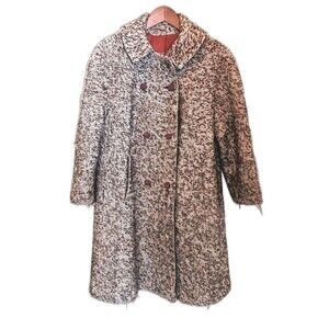 Vintage 60s 70s ILGWU Brown White Bouclé Wool Double Breasted Coat Jacket Size 8